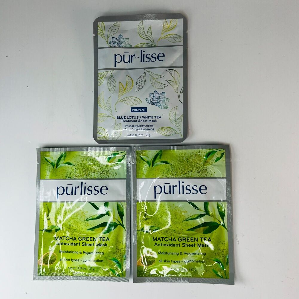 Purlisse Green Matcha Mask x2 / Blue Lotus & White Tea x1 Sheet Mask 3 ct New